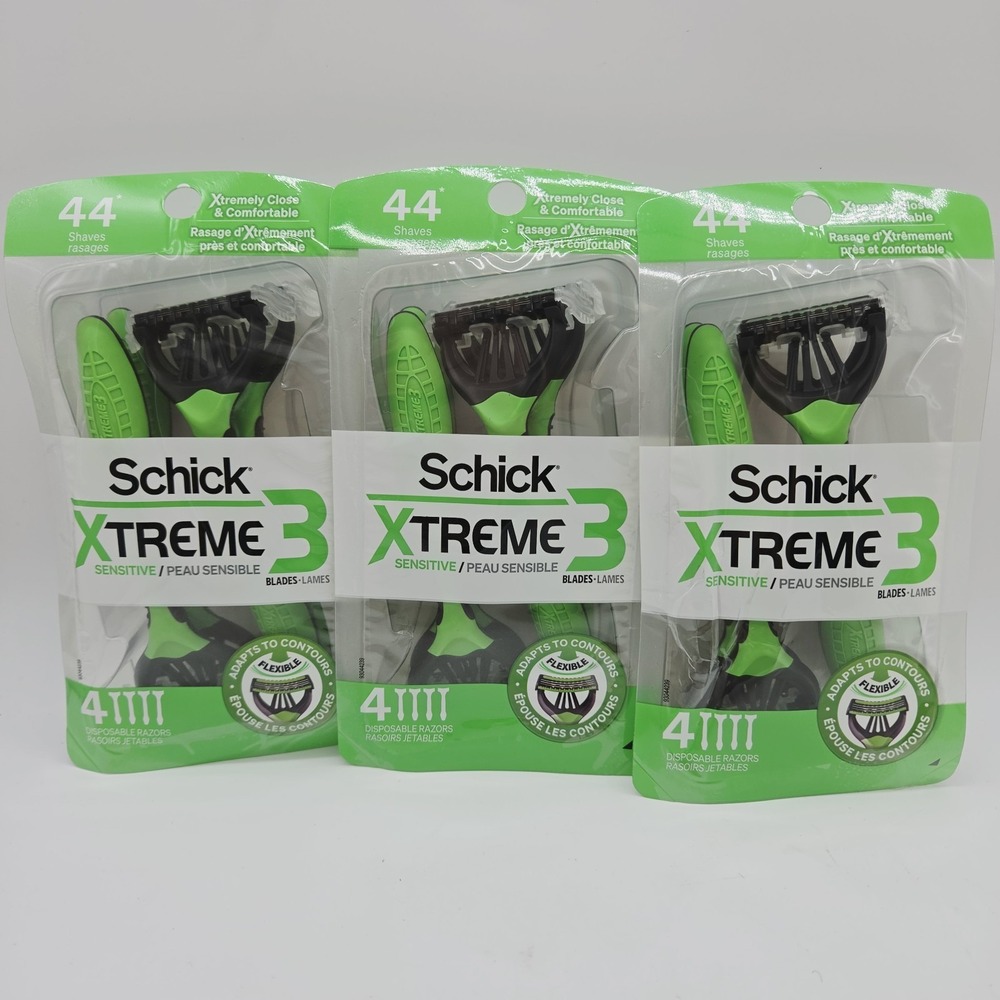 Lot of 3 Schick XTREME 3 Blade Sensitive Disposable Razors 4 Count (12 Total)